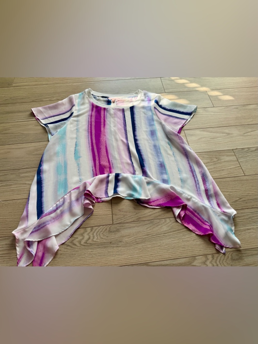 Juicy Couture Pink, Purple & Blue Watercolor Stripe Ruffle-Hem Top